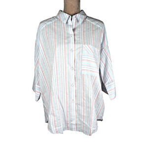 Foxcroft Women's Joanna Blue White Coastal Stripe Blouse Shirt Collared Size 16